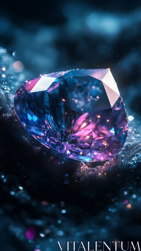 Macro gemstone closeup with neon bokeh and refracted caustics
