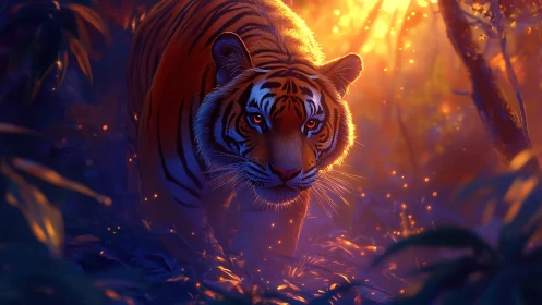 Ember eyed tiger prowling through twilight ember jungle.
