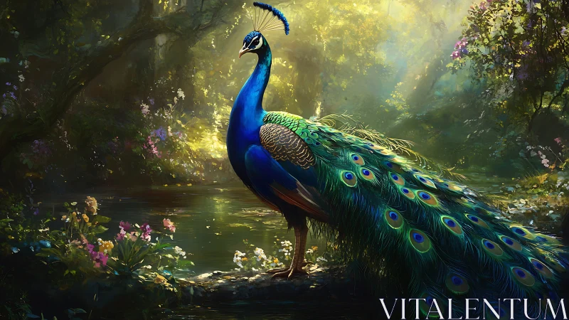 Majestic Peacock in Enchanted Forest, Vibrant Digital Art Style.