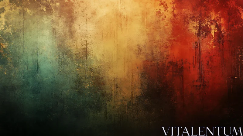 Grunge Abstract Texture with Warm Red, Gold, and Teal Tones.