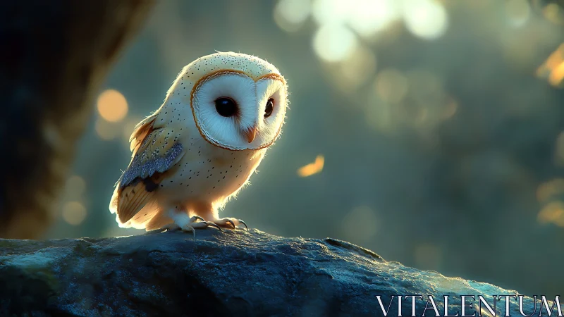 Enchanting Barn Owl Perched on Mossy Branch in Soft Morning Light.