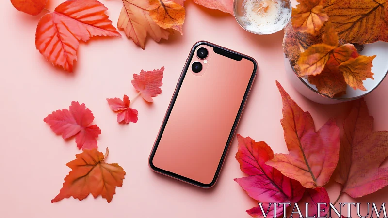 Rose gold smartphone amid stylized autumn foliage arrangement.