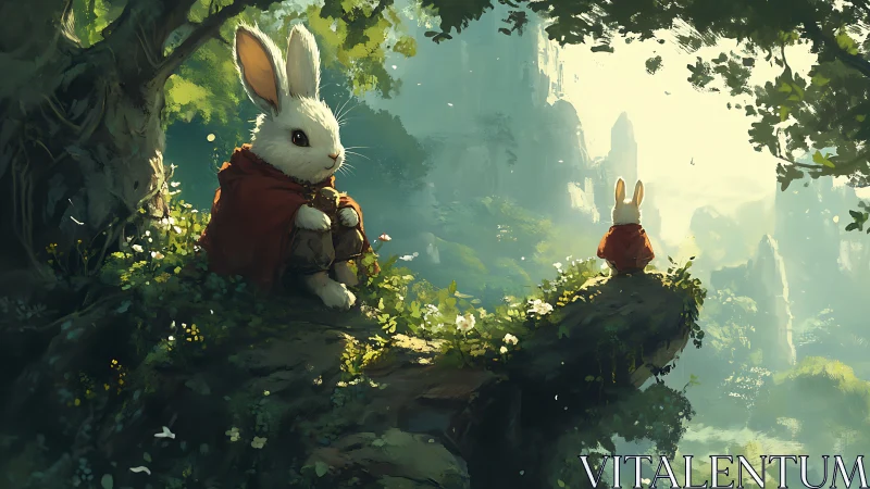 Cloaked rabbit travelers rest on forest cliff at sunrise.