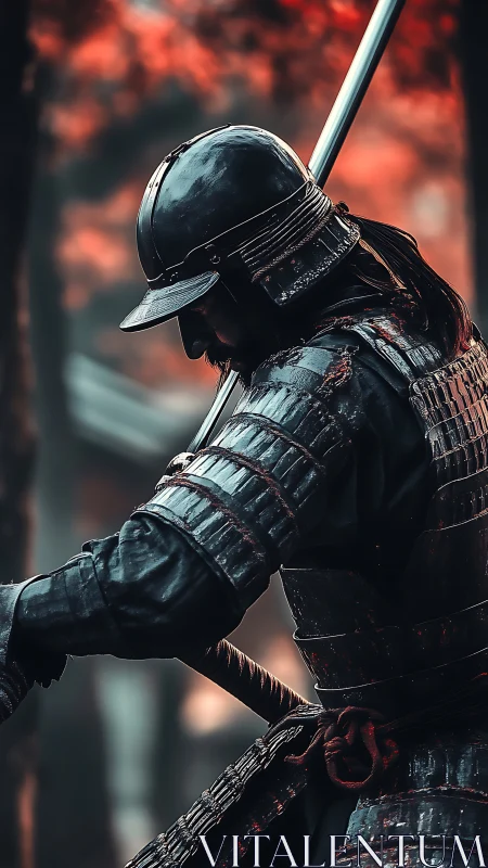 Photoreal samurai in lamellar armor under crimson bokeh canopy.