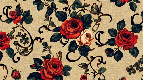 Repeating red rose floral pattern on textured beige background.