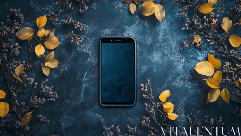 Smartphone on Dark Blue Surface with Golden Leaves.