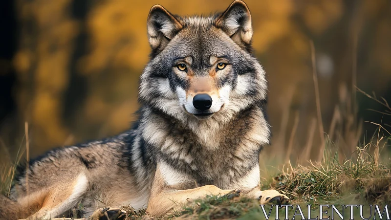 Gray wolf resting on autumn grass in soft golden light.