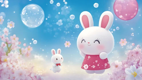 Cartoon rabbits in floral landscape with bubbles under sky.