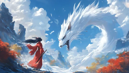 Swordswoman confronts white sky dragon in mountain pass.
