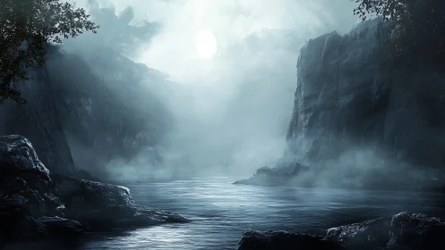 Moonlit mist covers a narrow waterway between rocky cliffs