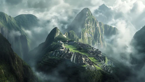 Mountain citadel in morning mist above emerald valleys.