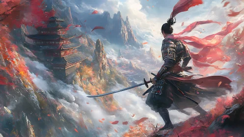 Samurai overlook composition in misted mountain pagoda vista.