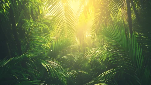 Sunlit Palm Forest Canopy with Golden Light.