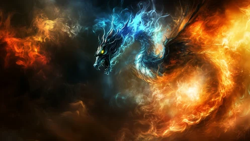 Elemental dragon of fire and ice coils through burning nebula