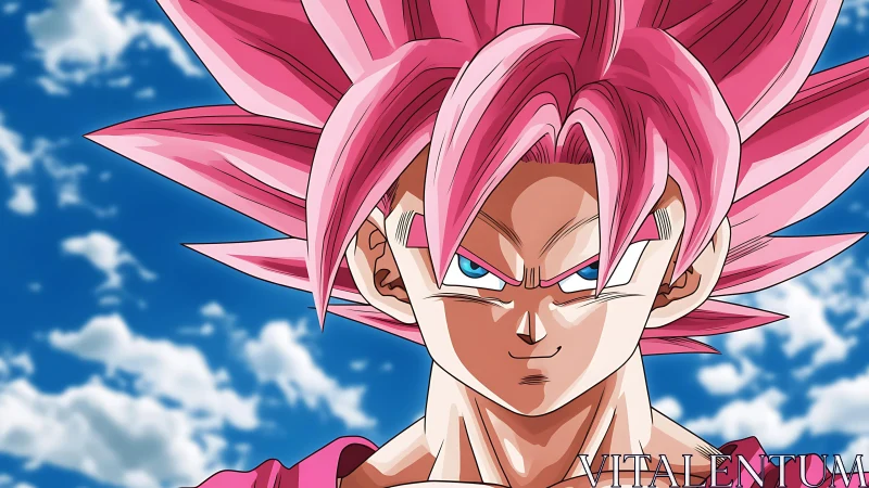 Sky-burned warrior crowned in electric rose power.