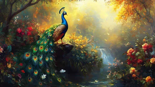 Peacock on mossy rock in luminous floral waterfall glade.