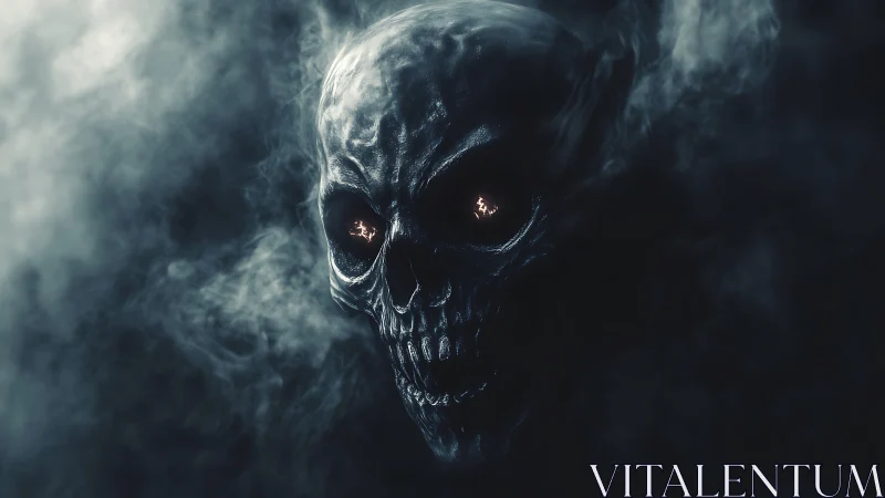 Dark demonic skull emerging from swirling smoke clouds.