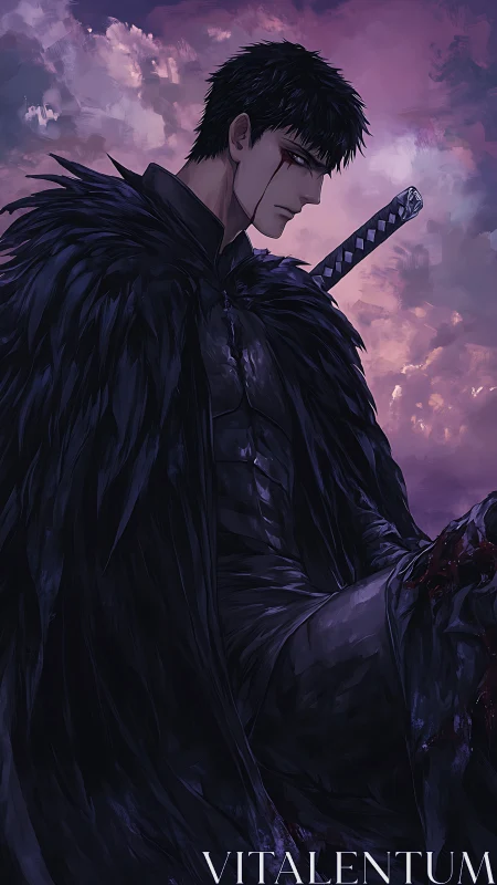 Brooding dark swordsman under stormlit violet sky.