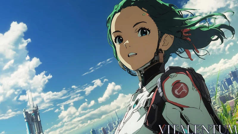 Cyborg scout surveys futuristic city beneath vivid sky