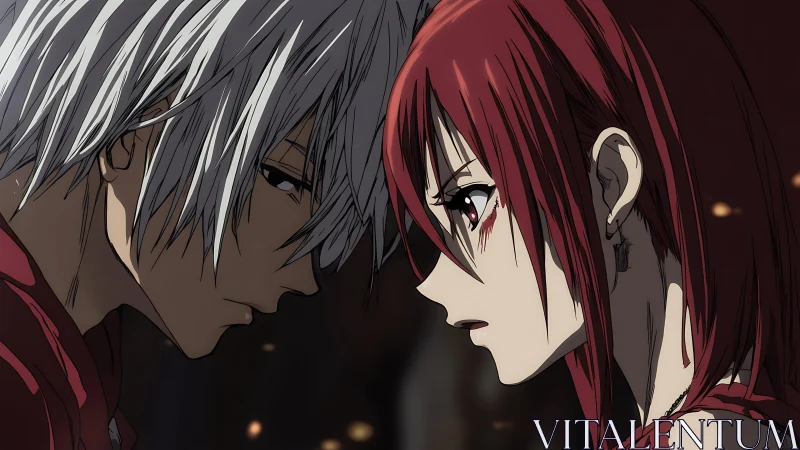 Anime close-up confrontation in dramatic side-profile composition.