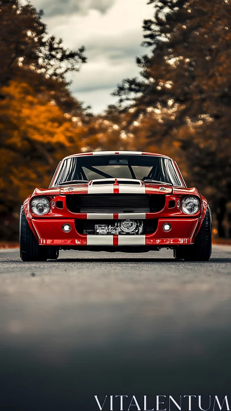 Bold red muscle car waits confidently on an autumn road