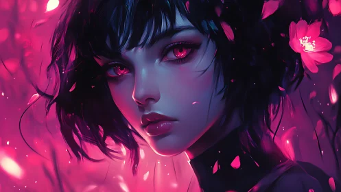 Neon-lit cyber portrait of young woman amid luminous petals