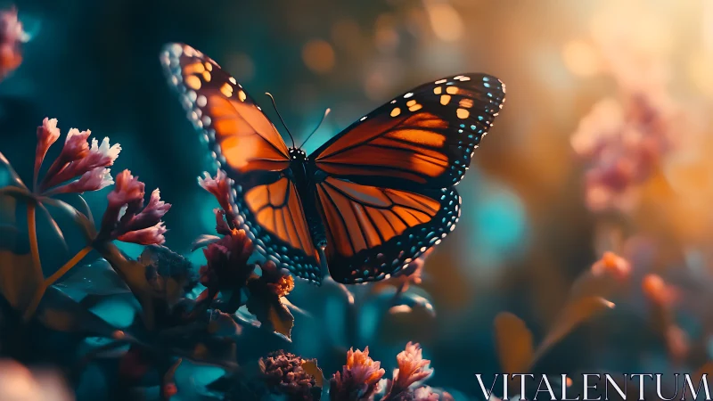Monarch butterfly on flowers in warm evening light.