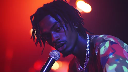 Male vocalist with microphone under red and blue stage lighting.