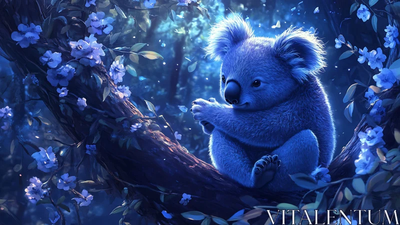 Moonlit koala dreaming quietly among glowing blossoms.