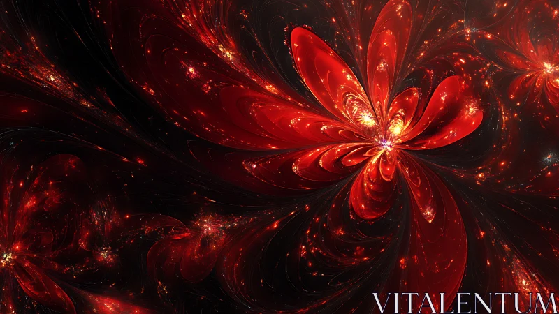 Red fractal floral formations on dark digital background.