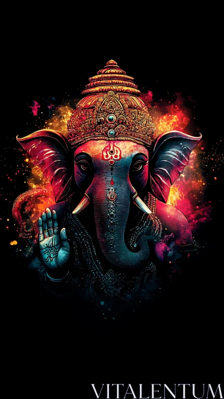 Digitally painted Ganesha portrait with vivid color aura.