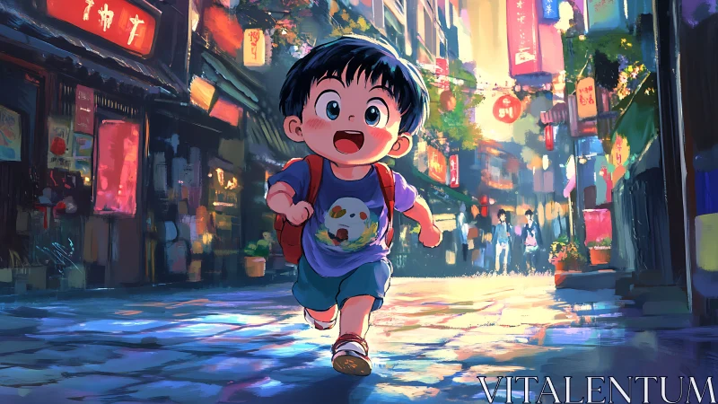 Joyful child running through sunlit neon alleyway street