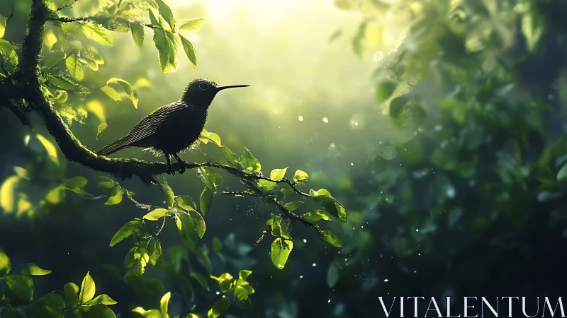 Serene bird perched on lush branch in dreamy morning light.