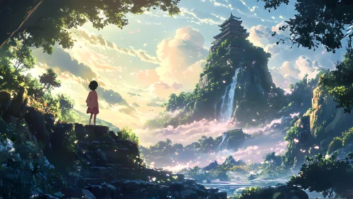 Child observer surveys misty mountain temple in luminous dusk