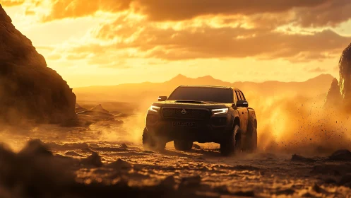 Sunlit desert truck kicking up dust in golden adventure.