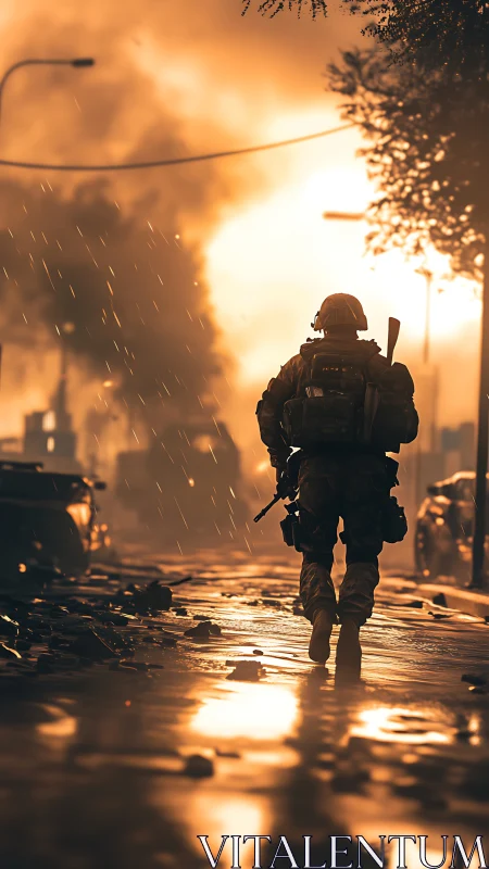 Soldier walks down ruined city street under burning sky