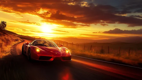 Red supercar racing along sunset country highway.