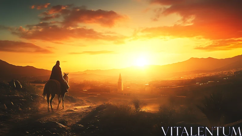 Solitary rider approaches desert city under blazing sunset