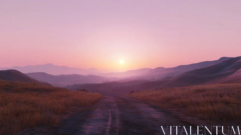 Sunset illuminates distant rolling hills and rural road