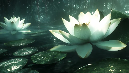 Luminous white waterlilies glow softly in a misty forest pond