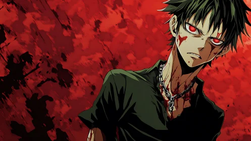 Blood-lit rebel with burning eyes in a crimson stormscape.