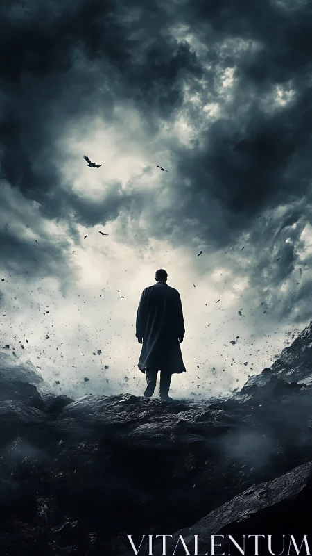 Solitary human figure on rocky ground beneath storm clouds.