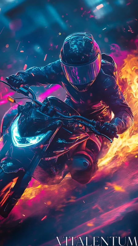 Neon street rider carves firelit curve in cyber storm.