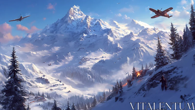 Snow-covered mountain battlefield shows aircraft over valley