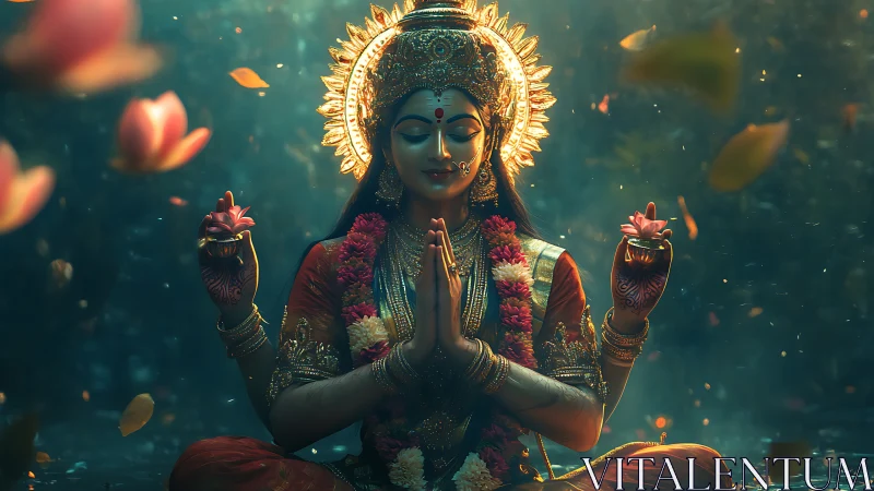 Divine four-armed goddess meditates amid drifting lotus petals