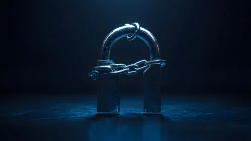 Metallic padlock with chain in dramatic blue lighting concept.