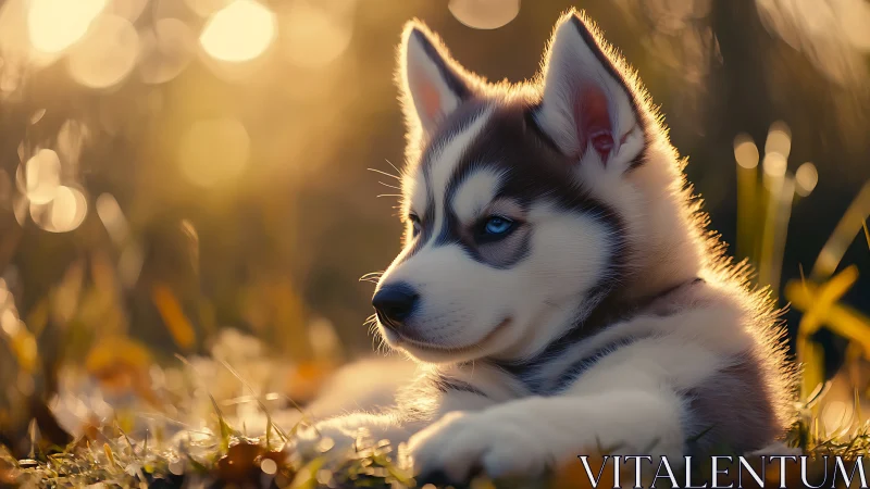 Backlit husky puppy in shallow-depth autumn field portrait.