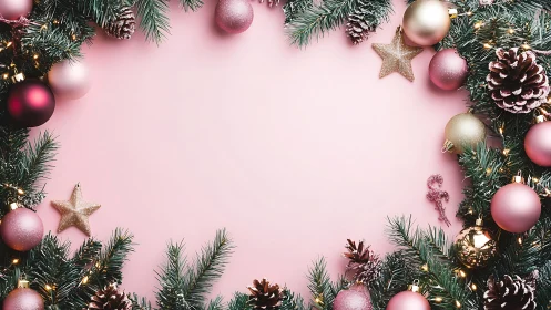 Pink background frames elegant Christmas pine garland border