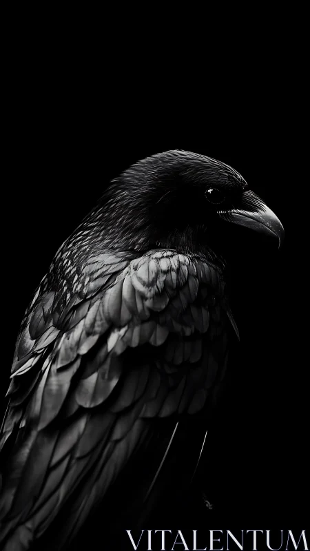 High-contrast raven portrait isolates sculptural feather detail