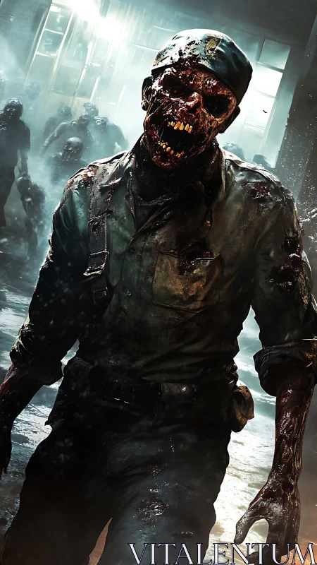 Grotesque zombie surgeon stalks a blood soaked corridor